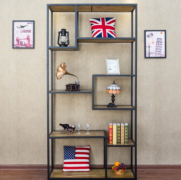 American retro wrought iron solid wood rack creative bookshelf kitchen multi-layer rack storage rack floor display stand custom