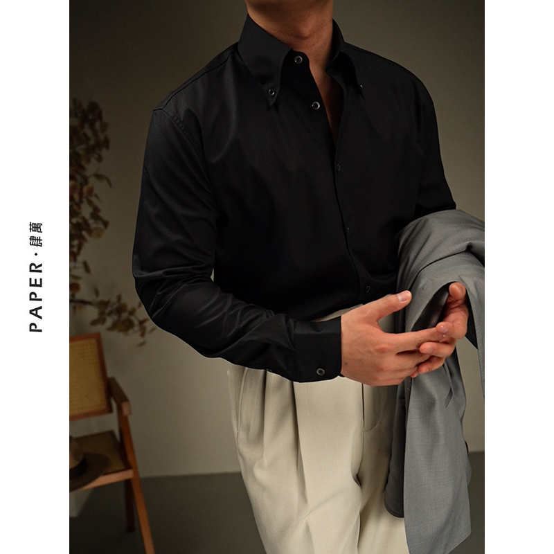 Paper Siwan Business Formal Wear Commuting Solid Color Long-Sleeve Non-Iron Shirt Black Button Wide Collar Casual Shirt
