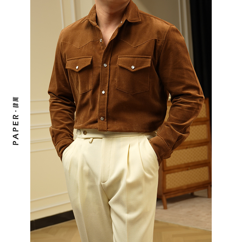 New Autumn and Winter Brown Corduroy Cotton Casual Shirt Jacket for Men, Daily Commute Retro Shirt Coat Trendy
