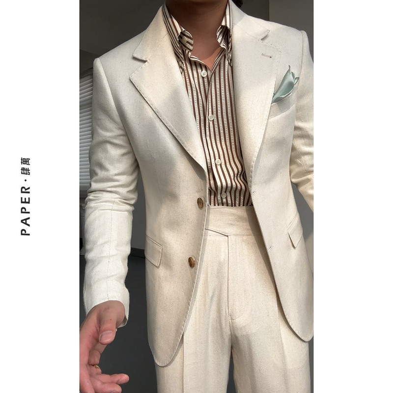 Elegant Linen-Blend Half-Lined Single-Breasted Suit, Casual Gentleman's Suit, High-End Suit Set, Naples Men's Style