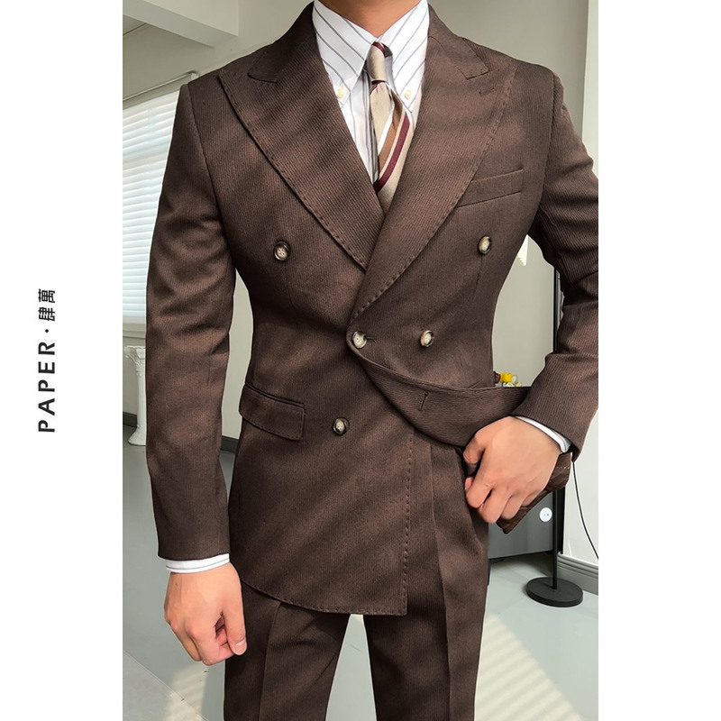 Dark Brown Double-Breasted Notch Lapel Suit Set, Business Slim Fit Wedding Suit, Naples Vintage Style for Men