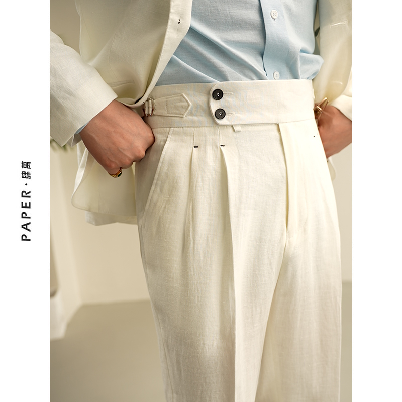 Paper Sihuanxia 100% Linen White Naples High-Waisted Trousers, Fashionable, Breathable, Lightweight Casual Pants for Men
