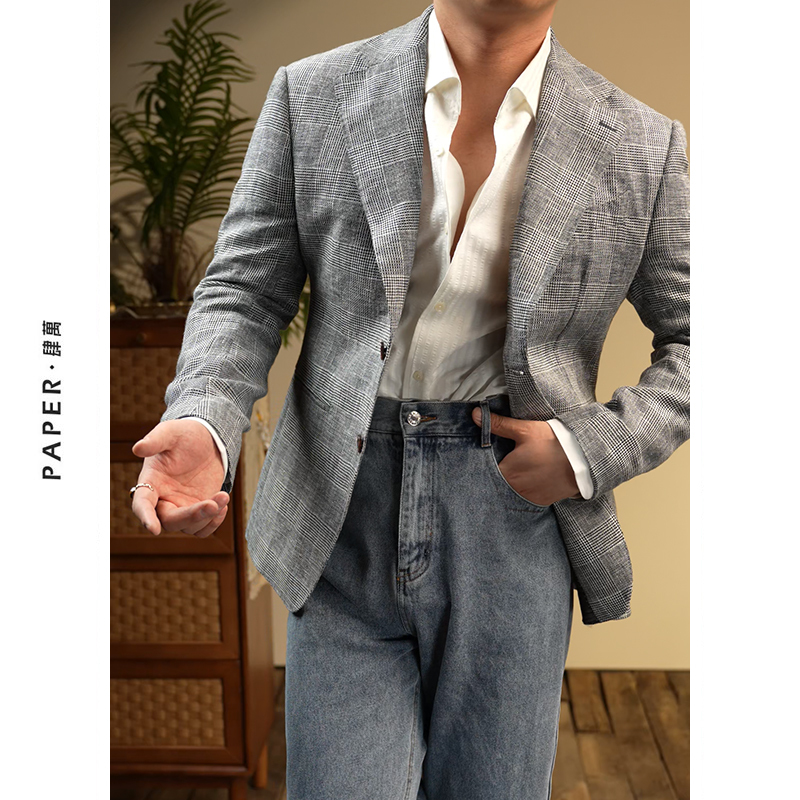 Paper Four Ten Thousand Handsome and Stylish 100% Linen Italian Suit for Men, Fashionable Old Money Prince Check Suit Jacket