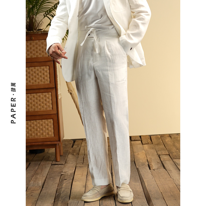 Breathable Pure Linen Casual Pants with Single Button Elastic Waist Straight-Leg Pants 2026 Spring/Summer Thin Relaxed White Long Pants