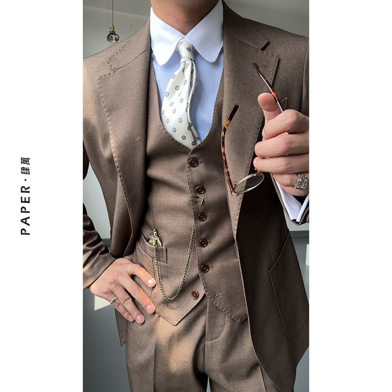 Paper Sihwan Retro Autumn Three-Piece Suit Italian Naples Style Suit Business Casual Style for Men Paper Sihwan Retro Autumn Three-Piece Suit Italian Naples Style Suit Business Casual Style for Men