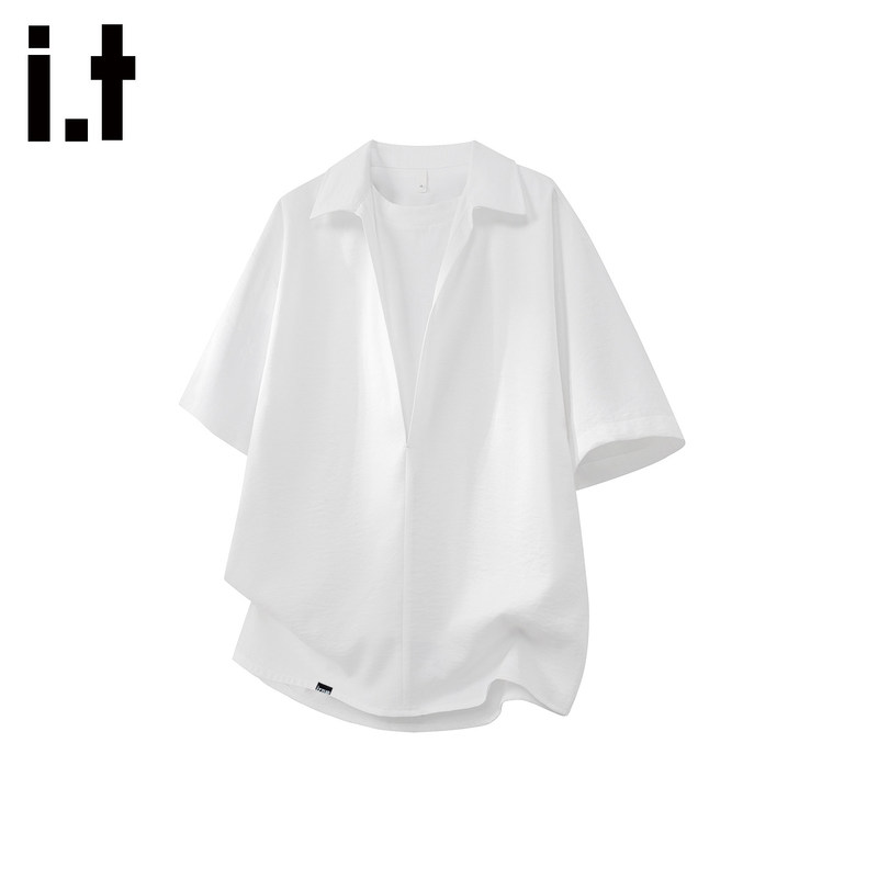 I.T Izzue Trendy Brand White Fake Two-Piece Short-Sleeved T-Shirt Men's Summer Thin Loose Casual Lapel Shirt