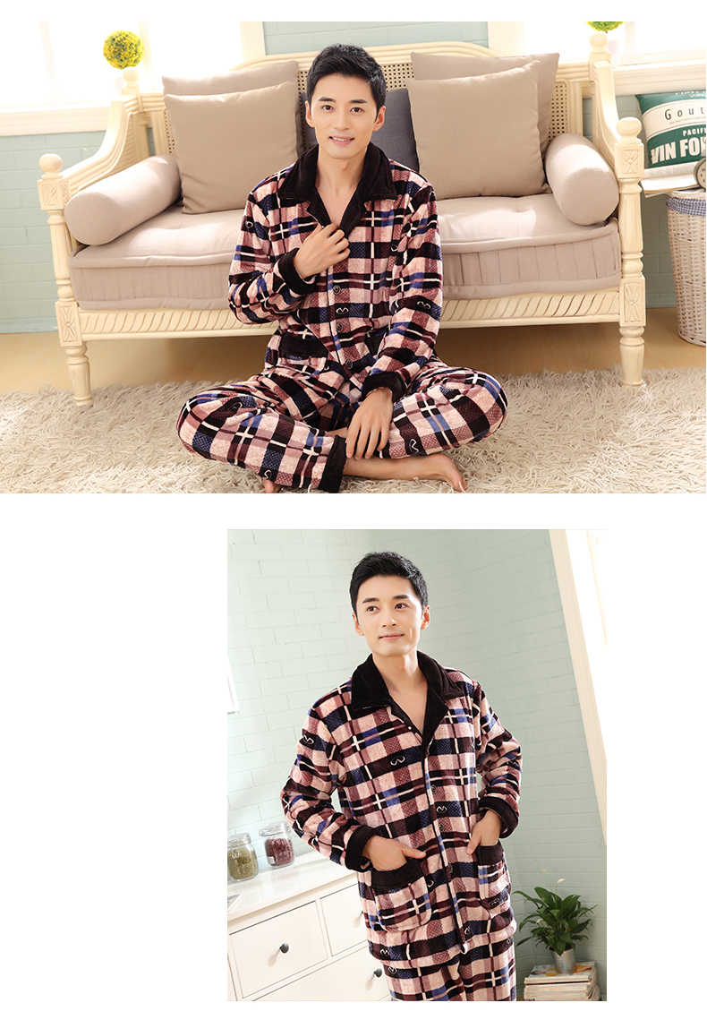 Đồ ngủ nam mùa đông cộng với dày cộng với nhung ấm flannel Đồ ngủ nam mùa đông cotton san hô phù hợp đồ pijama nam