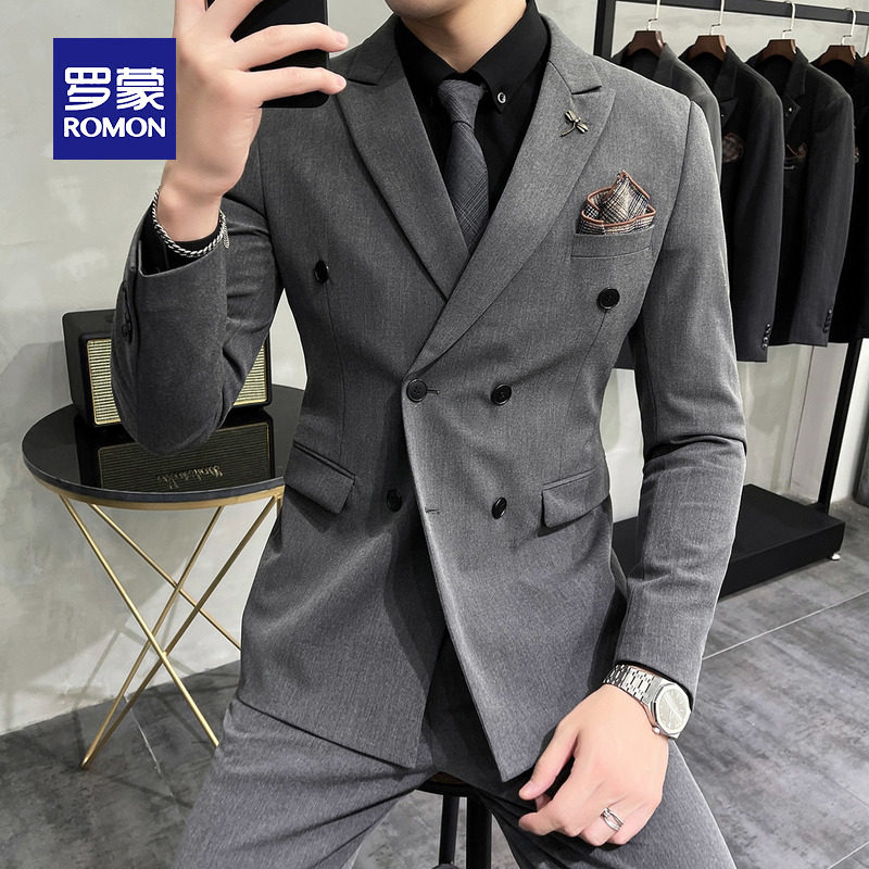 Lomon suit set men's double-breasted groom wedding suit three-piece set of solid color trim body interview formal wear
