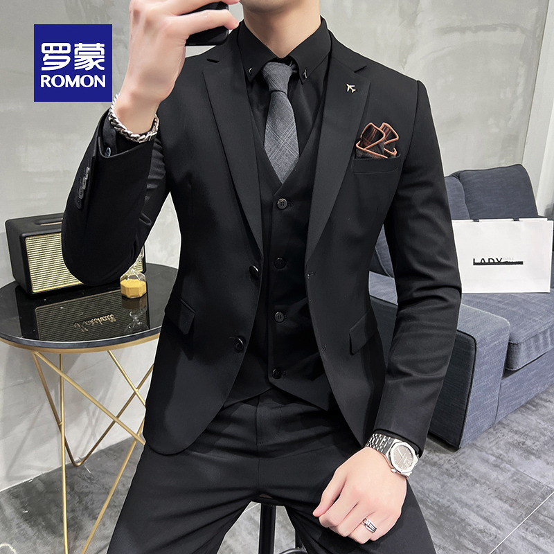 Romon Solid Color Suit Suit Men's Korean Slim Business Casual Workwear Suit Groom Wedding Dress Formal Dress