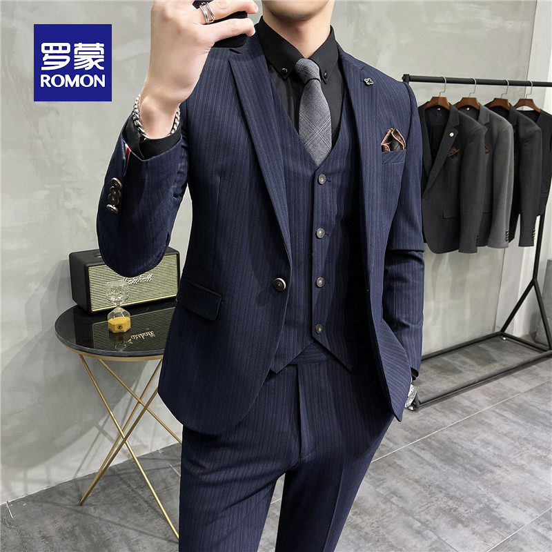 Romon Spring 2022 Striped Blazer Men's Suit Groom Wedding Dress Slim Business Casual Professional Suit