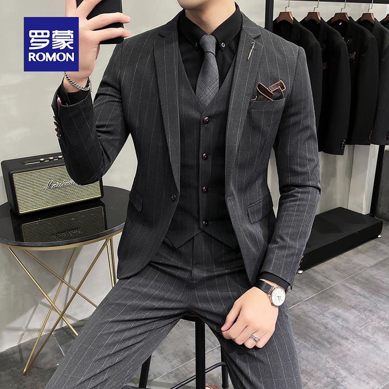 Romon Suit Suit Men's Striped Groom Wedding Dress Business Casual Work Suit Interview Professional Dress