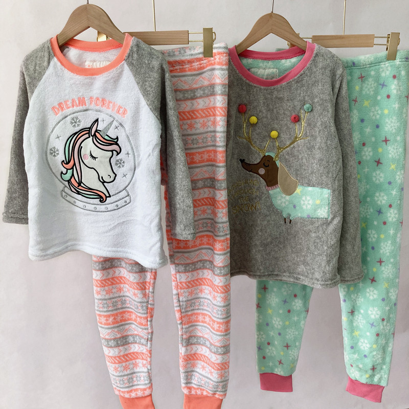 Foreign trade export girls coral velvet suit winter thickened home clothes Unicorn cartoon pajamas 3-15T