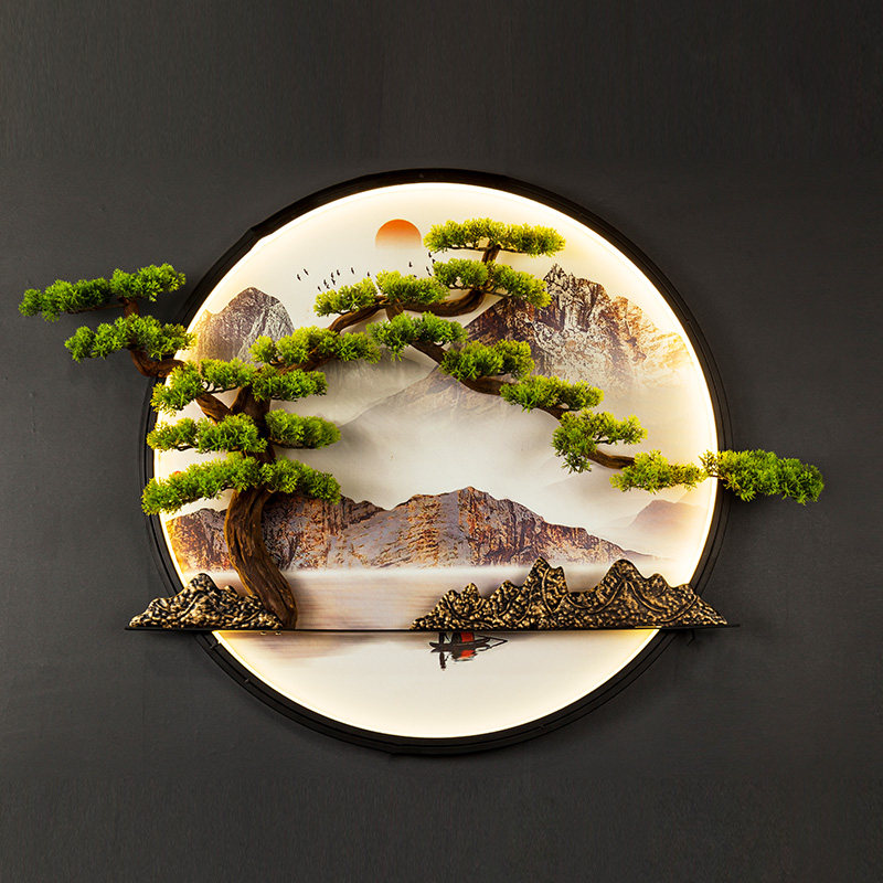 New Chinese Xuan Guan Belt Lamp Greet Passenger Pine Pendant Round Iron Art Wall Decoration Living Room Background Wall Decoration Landscape Wall-hanging