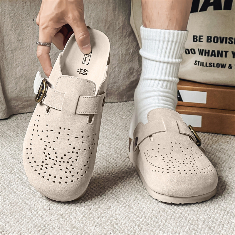 First-Layer Cowhide Birkenstock Shoes for Men, Slip-On Half-Slippers, Genuine Leather Mule Shoes for Women, Closed-Toe Sandals, Men's Outdoor Slippers