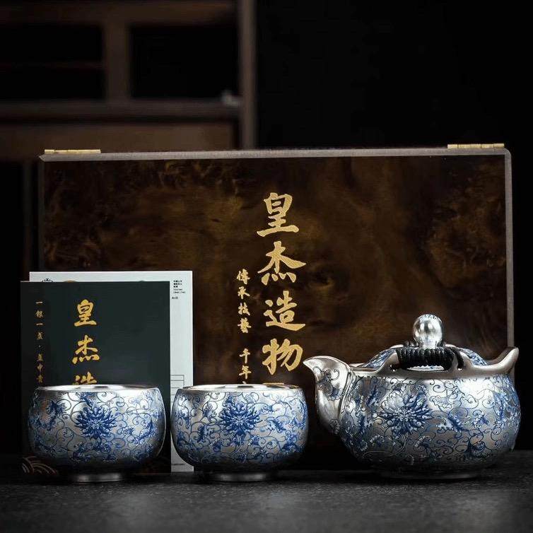 銀花紙 銀茶器 999純銀 茶壺 品茗杯 青花纏枝蓮茶碗