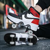 New childrens sports roller skates four-wheel explosive walking shoes mens shrinkable and deformable skates womens black technology roller skates