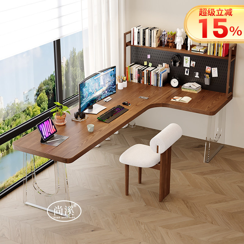 Solid Wood Corner Desk and Bookshelf Combination, Acrylic Computer Desk, Study Corner Writing Desk, L-Shaped Wall-Mounted Study Table