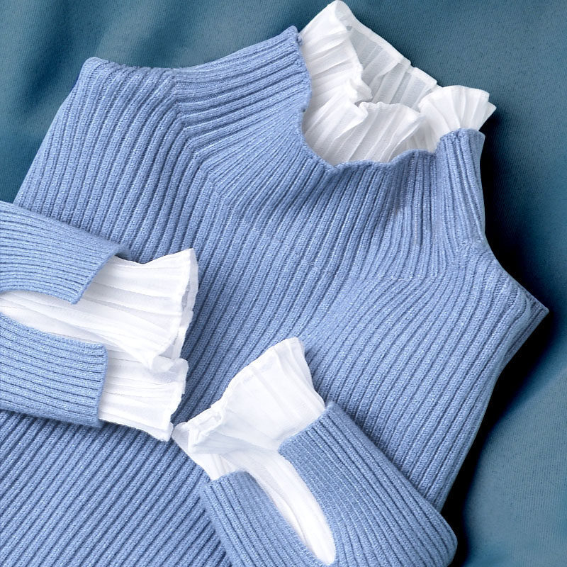 Lace collar bottom sweater thickened sleeve head fake two high neckline lotus leaf elastic body knitted sweatshirt woman blouse autumn and winter