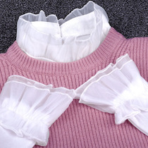 Lace base shirt white mesh lotus leaf wooden ear black stretch slim body with plus size Horn long sleeve