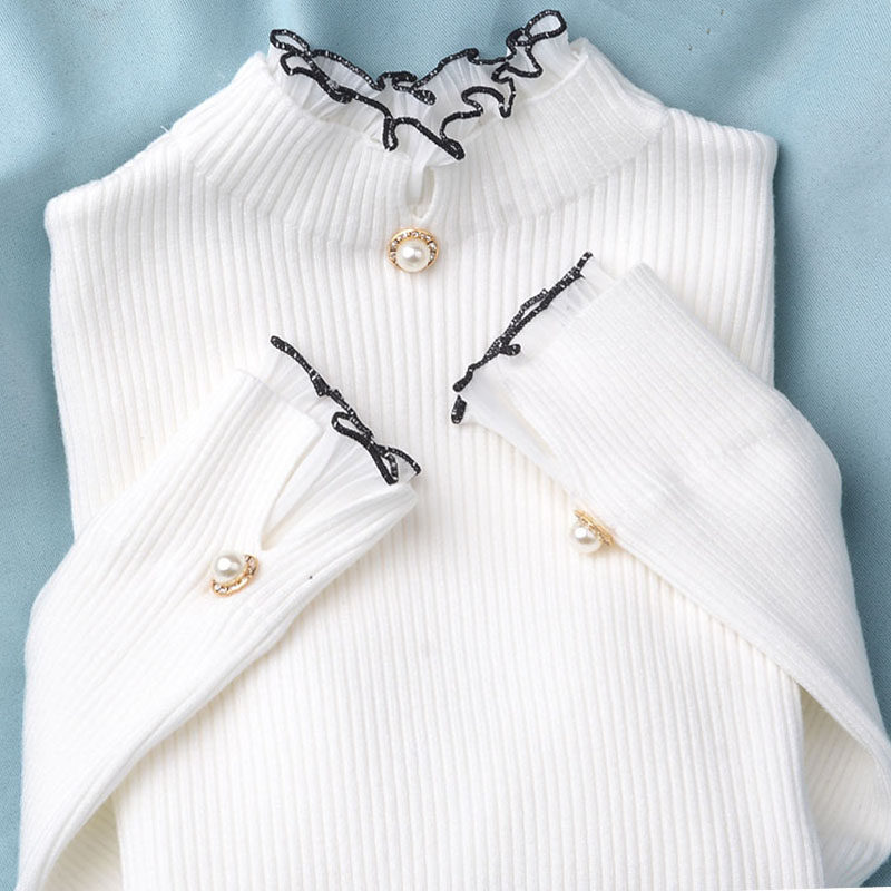 Lace trim sweater pullover turtleneck fake two-piece knitted sweater flared sleeves women's autumn and winter new tops