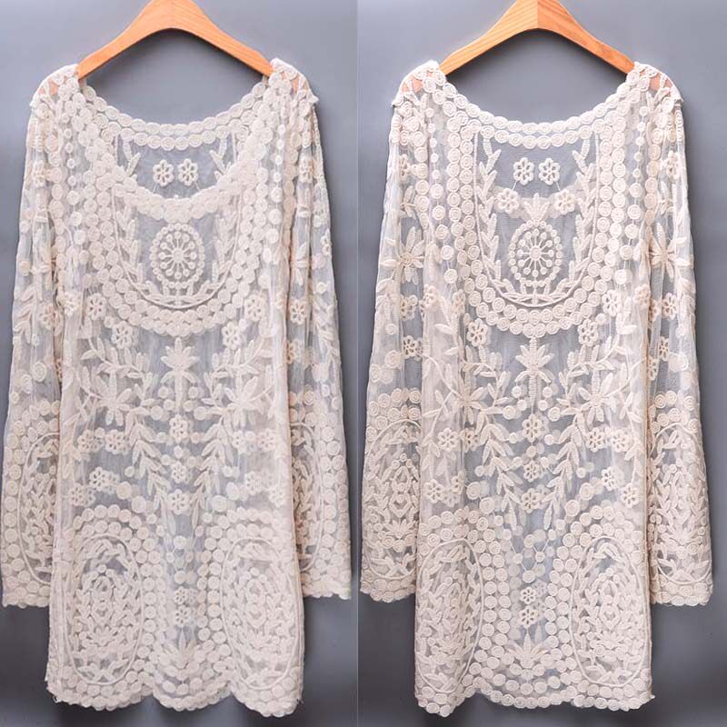 Lace long-sleeved blouse mid-length beach sunscreen clothing pullover bikini swimsuit jacket hollow female plus plus size