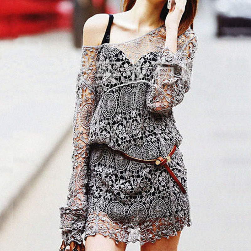 Hollowed-out Needles Weaselwear Beach Sunscreen Sunscreen Woman Long Sleeve Lace Ocean Dress Loose Bikini Hooded medium long version black grey