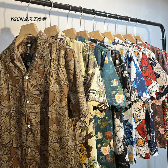 古着vintage古巴领碎花衬衫男女宽松港味夏威夷情侣沙滩短袖衬衣