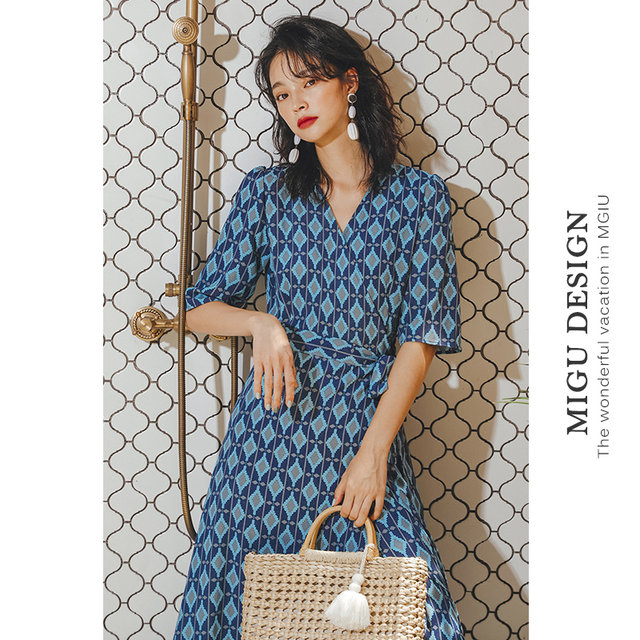 Migu French one-piece wrap dress women's summer bohemian Sanya vacation long dress seaside beach dress