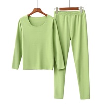Autumn-winter thermal underwear ladies Develvet autumn clothes autumn trousers suit No-mark round collar in thick yellow purple black powder curo green