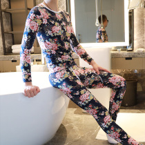 Flower autumn clothes and trousers mens thin cotton cotton sweater bottoming thermal underwear set mens spring and autumn fashion