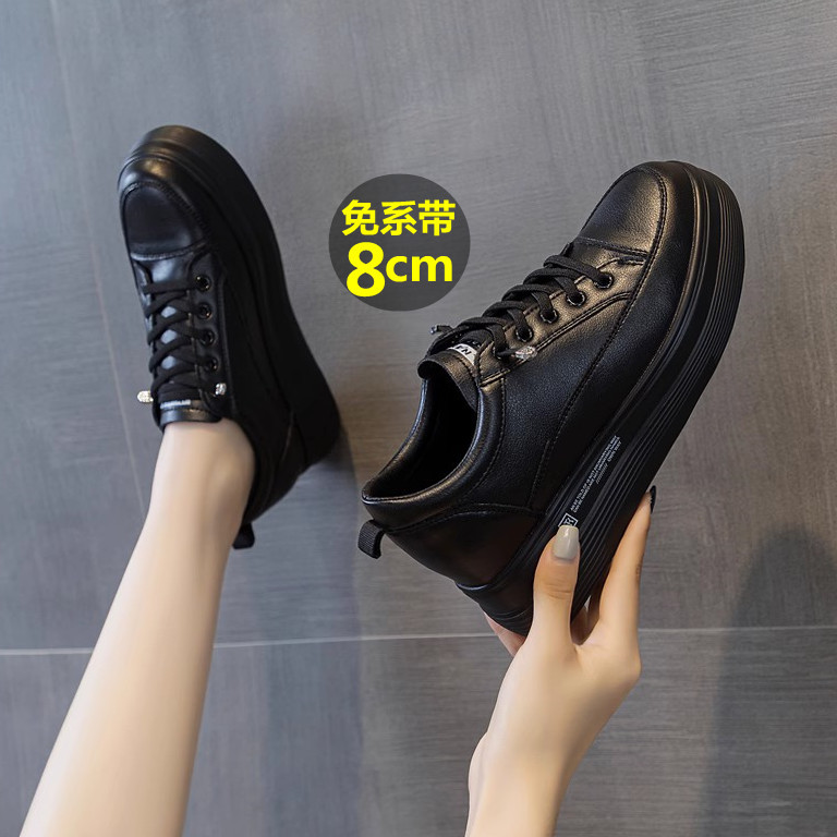 Popular Lace-Free Black Shoes for Women with 8cm Internal Height Increase, Versatile Genuine Leather Slip-On Thick-Soled White Sneakers for Autumn and Winter Popular Lace-Free Black Shoes for Women with 8cm Internal Height Increase, Versatile Genuine Leather Slip-On Thick-Soled White Sneakers for Autumn and Winter