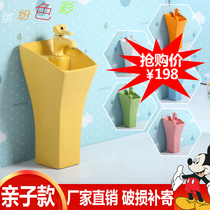 Kindergarten children ceramic floor-standing one-piece column basin Children cartoon color face wash basin Sink table