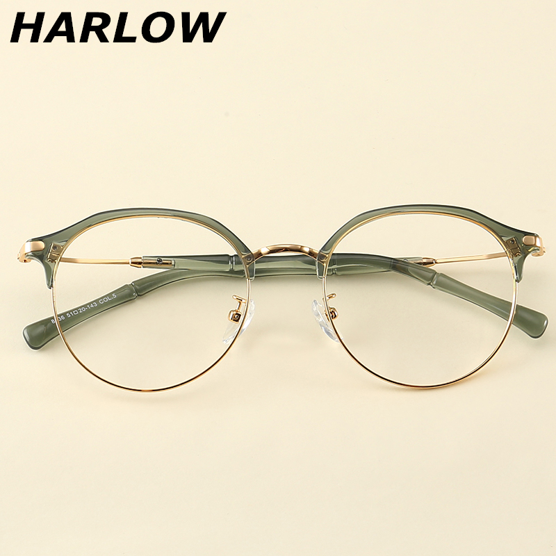 Green Eye frames woman round face Han version Tide Myopia Retro green half-frame glasses Anti-allergy mirror legs Spectacle Legs women light