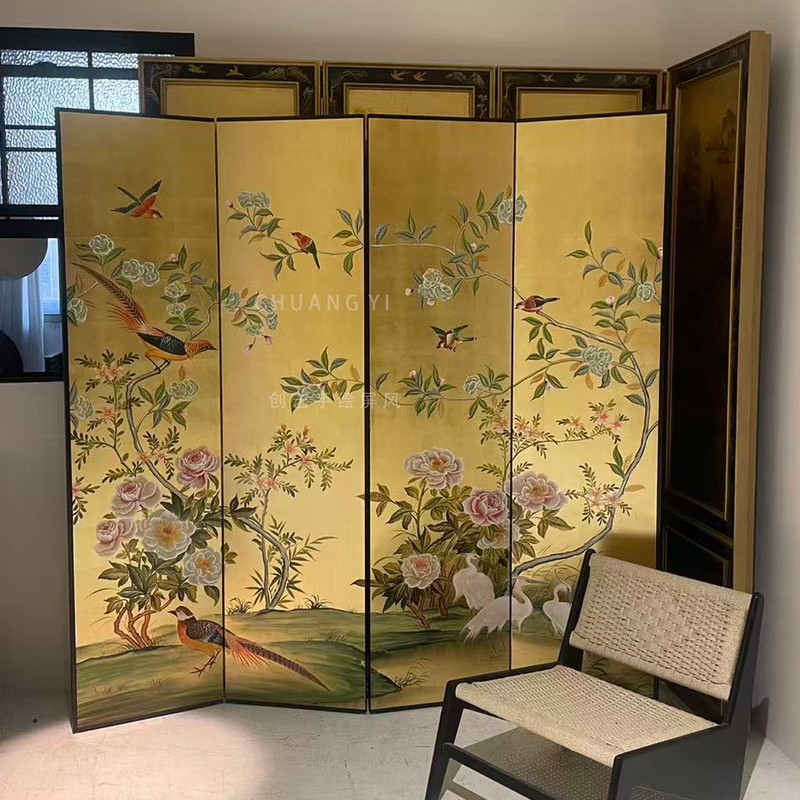 Hand-Painted Lacquer Painting of Peonies and Birds, Folding Screen, New Chinese Style Living Room Decoration Partition, Foldable and Movable Screen