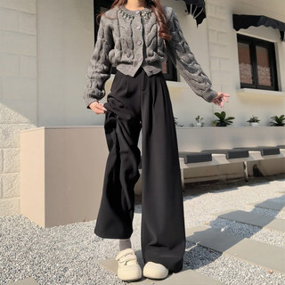 Black Fleece-Lined Suit Pants for Women, Autumn and Winter, High-Waisted, Drapey, Loose Fit, Petite, Thickened, Slim-Fit, Straight-Leg, Wide-Leg Pants