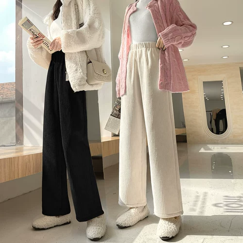 Вельветовые демисезонные штаны, белые повседневные брюки для отдыха, свободный прямой крой, увеличенная толщина