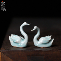 Longquan Celadon Zhou Jingbo pure hand-kneadedPu Gu vesselSwan ceramic tea pet tea table ornaments