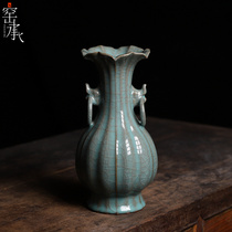 Longquan celadon master Lan Zongmin handmade black tire Ge Kiln double ring Baicai bottle home living room decoration collection