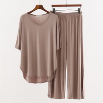 Short sleeve sleepwear women Summer Modale suit 90% Pants Open Fork V Collar Mom Loose Middle Age Big Yard home clothes