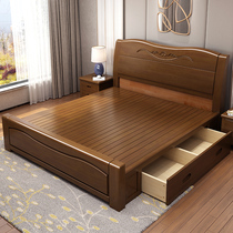 Full solid wood bed Simple high box storage bed with drawer Bedroom oak wedding bed Pneumatic 1 5 1 8m double bed