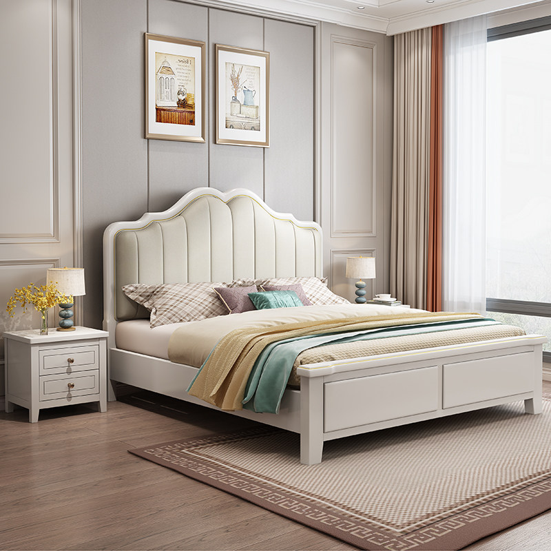 Modern minimal solid wood bed 1 8m double bed American light luxury soft bag bed 1 5 master bedroom white wedding bed