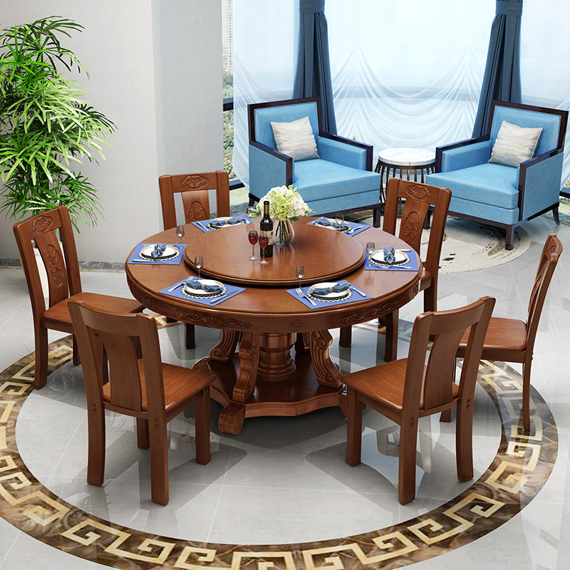 Solid wood round dining table Hotel 1 6 1 8 large dining table Oak with turntable Chinese household dining table and chair combination