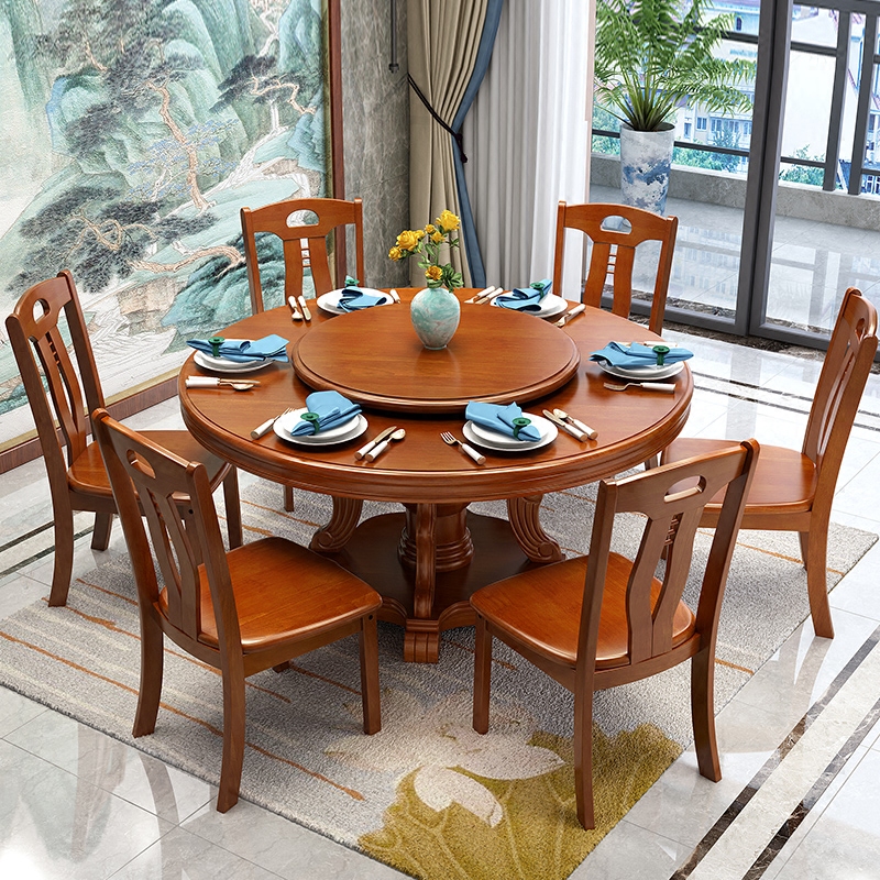 Solid wood round dining table Oak with turntable Hotel large dining table Small household dining table Household round dining table and chair combination