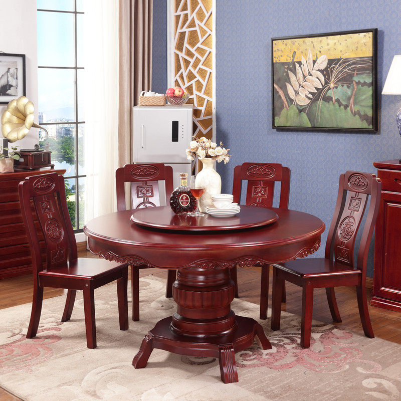 Solid wood round dining table and chair combination Oak with turntable simple large round dining table Hotel Chinese household dining table combination