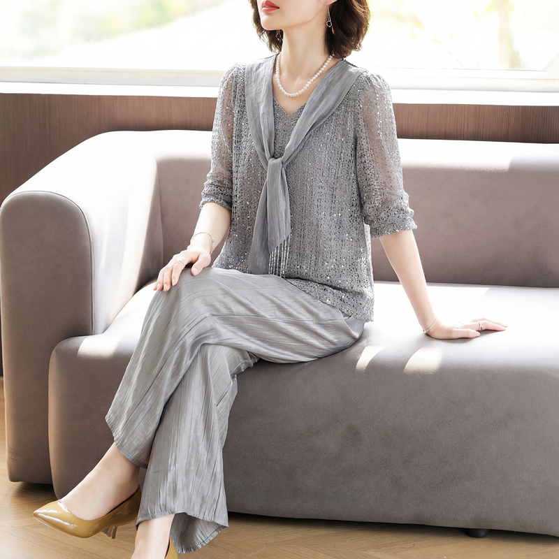 Mother's Day 2026 New Style Summer Casual Suit for Mothers, Middle-Aged and Elderly, Looks Younger and Stylish, Silk Top Two-Piece Set