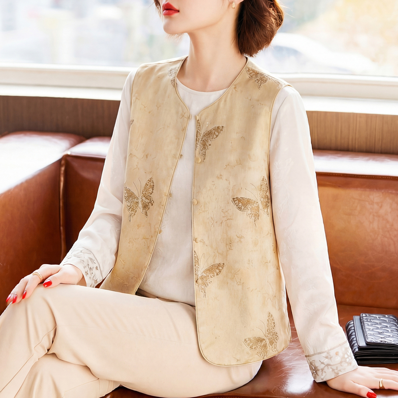 New Chinese-Style Spring Outfit for Mothers: Silk Vest Two-Piece Set, Elegant Middle-Aged and Elderly Women's Clothing, Traditional Long-Sleeve Shirt Set