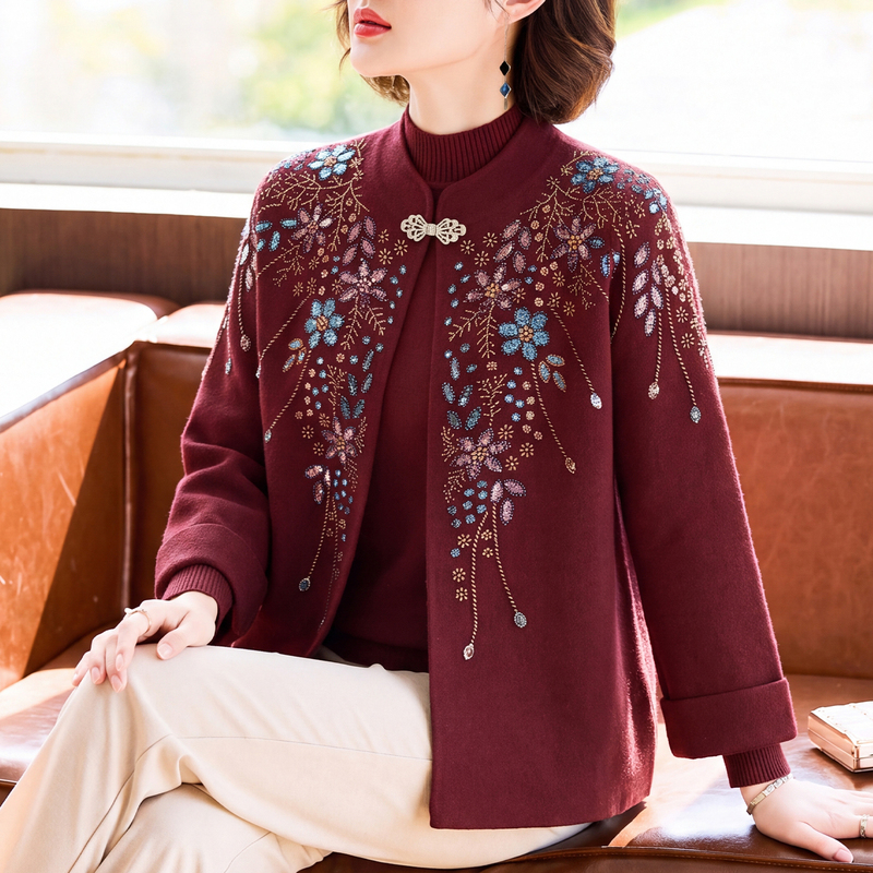 Mother's Autumn Clothing, New Chinese-Style Embroidered Knitted Cardigan Jacket, Middle-Aged and Elderly Women's Autumn Dignified and Elegant Chinese-Style Two-Piece Set Mother's Autumn Clothing, New Chinese-Style Embroidered Knitted Cardigan Jacket, Middle-Aged and Elderly Women's Autumn Dignified and Elegant Chinese-Style Two-Piece Set