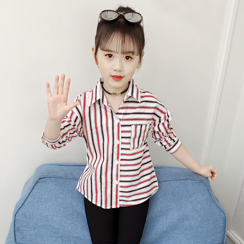 2021 new children's shirt girls ' long-sleeved inner clothes baby autumn striped shirt middle and large children's western-style top