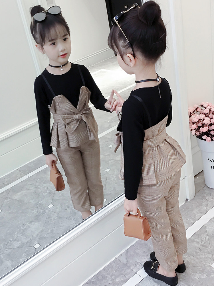 Children's clothing Girls net red suit 2021 autumn Korean version of the new children's middle and large children's fashionable Foreign school plaid two-piece set