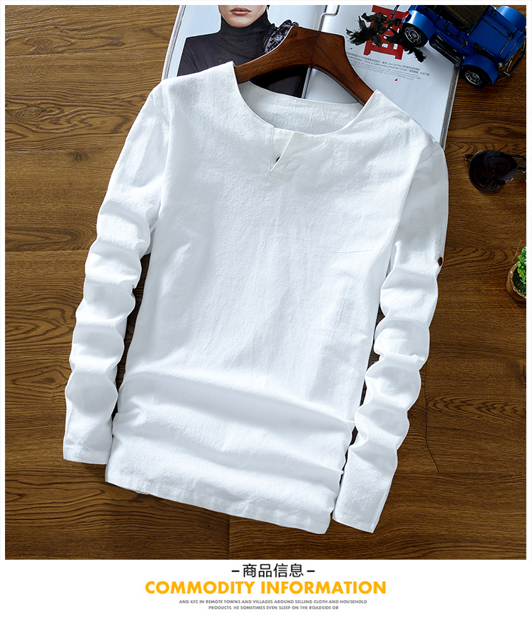 Trung quốc phong cách đàn ông của quần áo linen mùa xuân T-Shirt phong cách Trung Quốc khóa retro quần áo cotton linen phần mỏng dài tay áo màu rắn